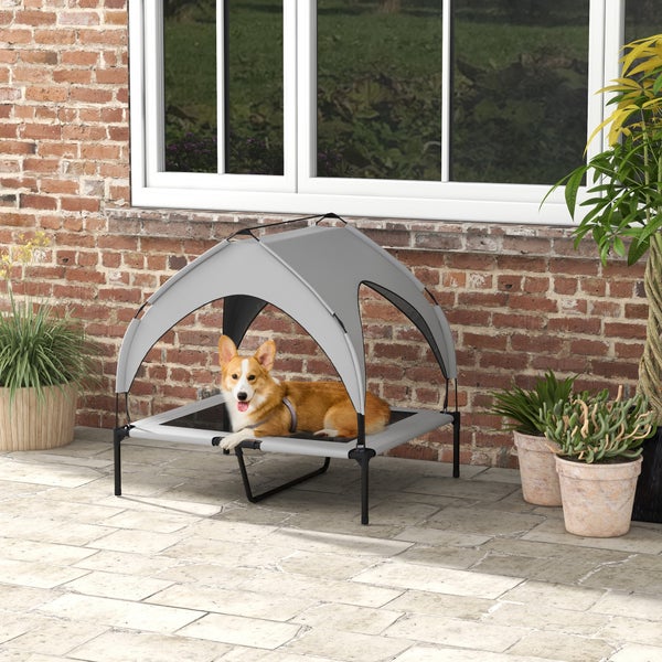 PawHut Erhöhtes Hundebett mit Baldachin, Haustierbett, Outdoor Hundeliege mit Dach, Atmungsaktiv, für große Hunde Hellgrau Oxford 91 x 76 x 89 cm