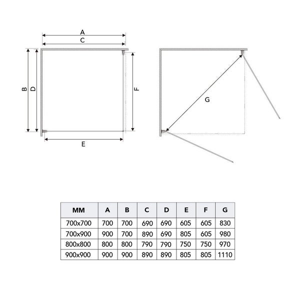 Technische Zeichnung einer Duschkabine mit Maßangaben