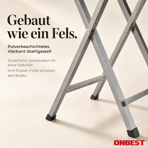 Detailansicht eines pulverbeschichteten Vierkant-Stahlgestells mit Querstreben und Anti-Rutsch-Füßen. ONBEST Logo.