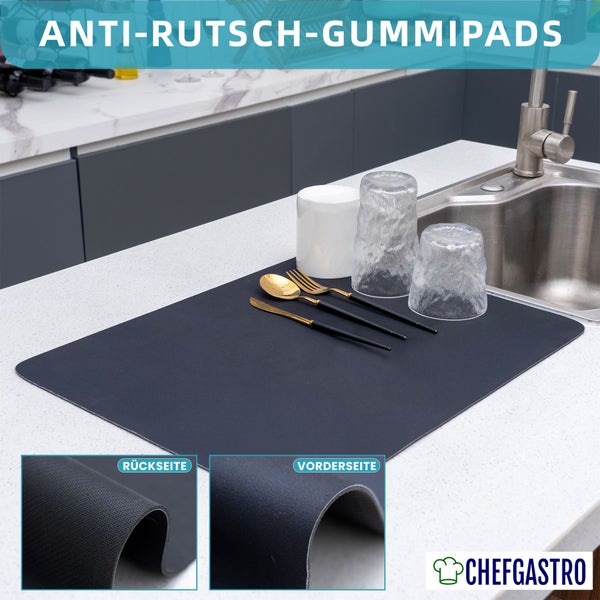 CHEFGASTRO Abtropfgestell Geschirr | HxBxT 15x42x31cm | Stahl | mit Besteckhalter, Tassenhalter, drehbarem Wasserablauf, Abtropfbrett & Trockenmatte, Geschirrabtropfgestell Abtropfständer