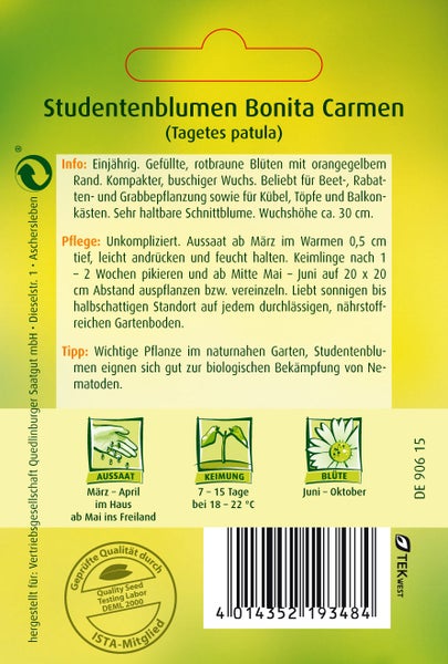 Rückseite einer Samenpackung für Studentenblumen Bonita Carmen mit Anbauanleitungen, Aussaatzeiten, TEKwest Logo und Qualitätssiegeln.