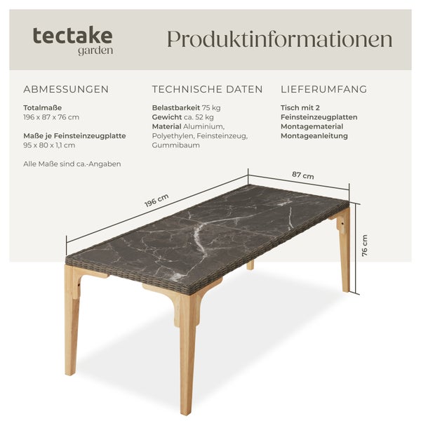 Rattan Tisch tectake Foggia 196 x 87 x 76 cm mit Aluminium- und Holzgestell natur