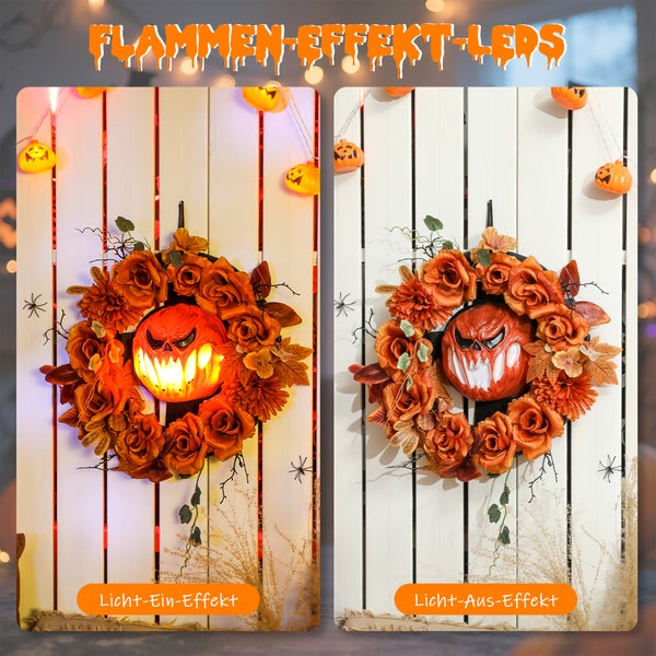Dekorativer Halloween-Kranz mit LED-Flammeneffekt, mit und ohne Lichteffekt.