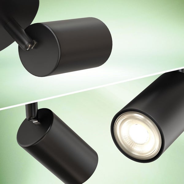 Zylindrischer Strahler in drei verschiedenen Ansichten, inklusive Detailansicht des eingeschalteten Leuchtmittels.