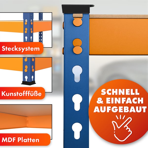 FLOORDIREKT Schwerlastregal Rhino - bis 1050 kg - Pulverbeschichtet - 180 x 90 x 45 cm Blau-Orange