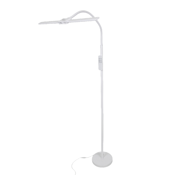 Weiße LED Stehleuchte mit geteiltem, verstellbarem Lampenkopf und Bedienelement am Standrohr.