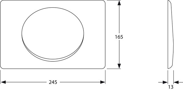 Masszeichnung einer Betätigungsplatte mit einer Breite von 245 Millimetern, einer Höhe von 165 Millimetern und einer Tiefe von 13 Millimetern.