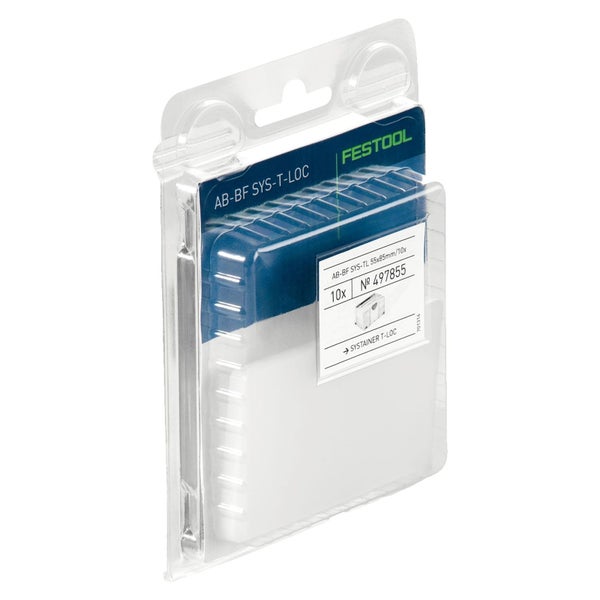 Festool Beschriftungsfelder AB-BF SYS-T-LOC für Systainer, 10 Stück, 55 mal 85 Millimeter, in transparenter Verpackung.