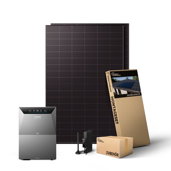 Komplettes Balkonkraftwerk Set mit Anker Solix Speicher, zwei Solarmodulen, Montageset für Ziegeldächer und Zubehör.
