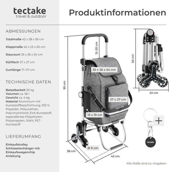 tectake Logo. Einkaufstrolley mit Treppensteiger-Rollen. Maße 42 mal 38 mal 95 Zentimeter. Faltbar, mit Kühlfach und Schlüsselanhänger.