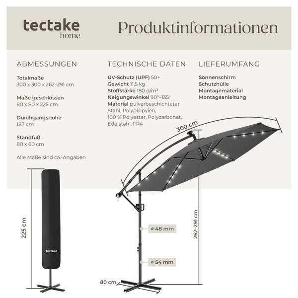 Produktinformationen für tectake Sonnenschirm: Abmessungen, technische Daten, Lieferumfang und Grafiken mit Maßen in Zentimeter.