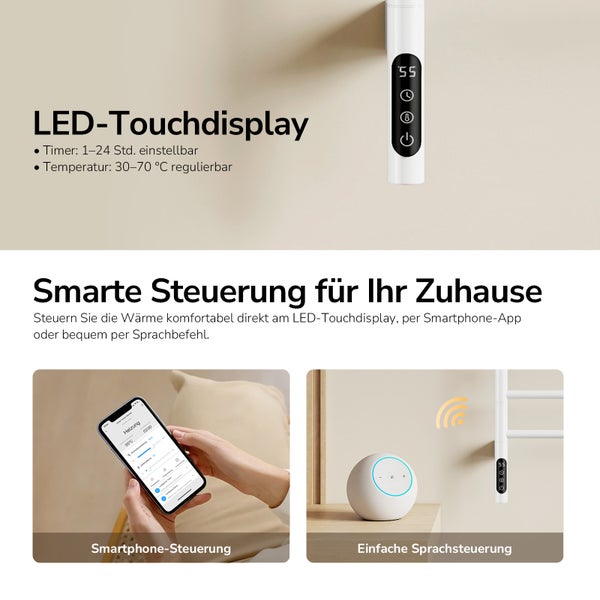 Touchdisplay am Heizkörper, Steuerung über eine Smartphone-Applikation und Sprachsteuerung über einen intelligenten Lautsprecher.