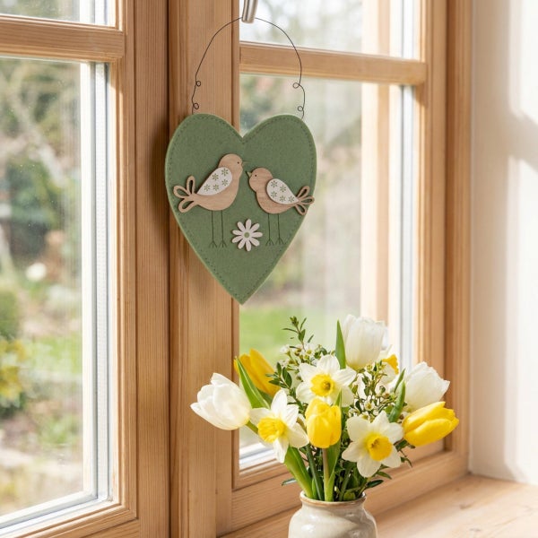 Herzförmiger Anhänger aus Filz mit Vogelmotiv zur Frühlingsdekoration am Holzfenster mit Blumenstrauß.
