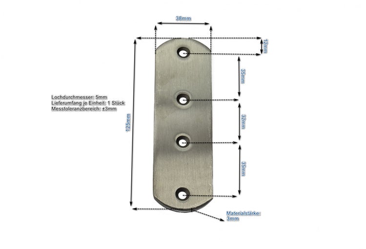 Flachverbinder aus Metall, 125 mal 38 Millimeter, mit vier Schraublöchern, inklusive Maßangaben in Millimetern.