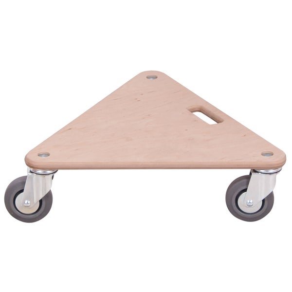 Dreieckiges Rollbrett aus Holz mit Griff und drei Rollen