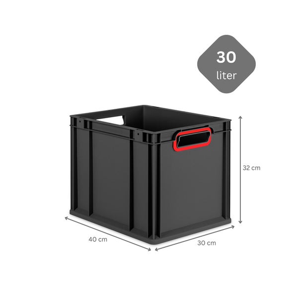 PROREGAL SuperSparSet 4x Eurobox NextGen Color mit Auflagedeckel und Schiebeschnappverschlüsse, HxBxT 32x30x40cm, 30 Liter, Schwarz, Griffe rot offen, Eurobehälter, Transportbox, Transportbehälter, Stapelbehälter