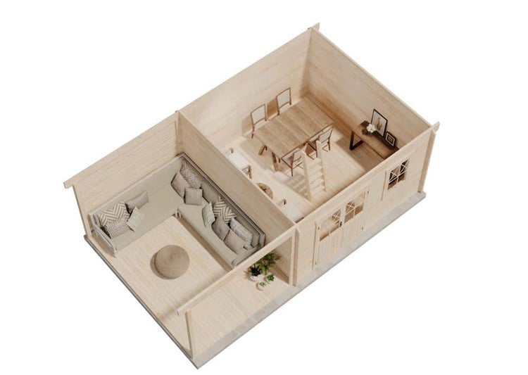 Alpholz Schwedenhaus 44 ISO mit Anbau Blockhaus aus Holz, Holzhaus mit 44 mm Wandstärke inklusive Schlafboden inklusive Schleppdach, Blockbohlenhaus mit Montagematerial, Naturbelassen 7x4,2m