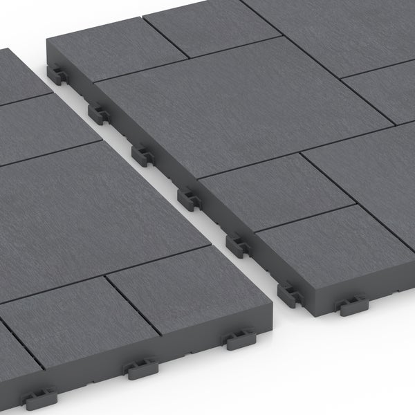 Anthrazitfarbene Terrassenfliesen mit Holzstruktur und Klicksystem für die einfache Verlegung.