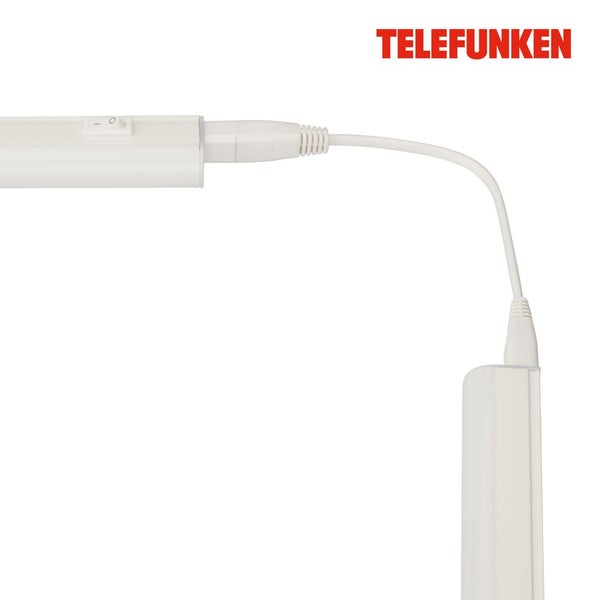 Telefunken Logo. Zwei weiße LED-Unterbauleuchten verbunden durch ein Verbindungskabel, eine davon mit Ein-Aus-Schalter.