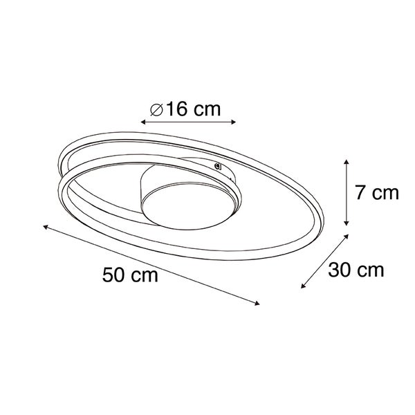 Technische Zeichnung einer LED Deckenleuchte mit den Maßen 50 cm x 30 cm x 7 cm und einem Durchmesser von 16 cm
