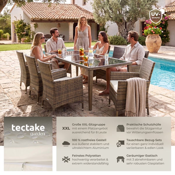 tectake garden XXL Polyrattan Sitzgruppe für 8 Personen mit großem Esstisch und Glasplatten auf einer hellen Terrasse am Pool.