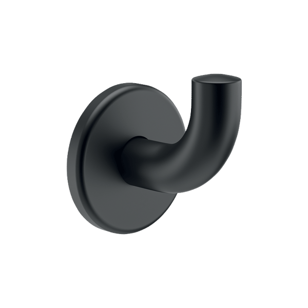 Wandhaken matt schwarz aus Metall mit runder Rosette für das Badezimmer.