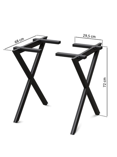 Schwarze Tischbeine aus Metall in X-Form mit Maßen: Höhe 72 Zentimeter, Tiefe 68 Zentimeter und Breite der Auflagefläche 29,5 Zentimeter.