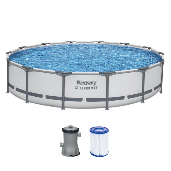 Bestway Steel Pro Max Aufstellpool, rund, mit Stahlrahmen, Filterpumpe und Filterkartusche.