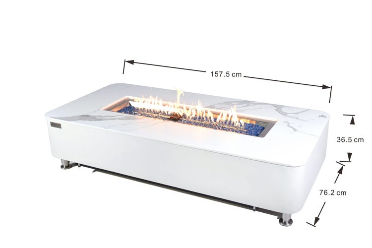 Gaskamin-Tisch in Marmoroptik mit blauem Glasbruch, Maße 157,5 Zentimeter Länge, 36,5 Zentimeter Höhe und 76,2 Zentimeter Tiefe.