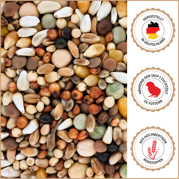 Vogelfutter mit dem Siegel Hergestellt in Deutschland, Fütterungsempfehlung während der Aufzuchtzeit und aus hochwertigen Rohstoffen.