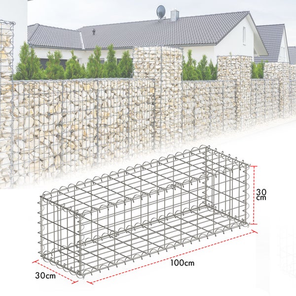 FLOORDIREKT Gabionenkorb Lenox -Steinkorb Zaun Sichtschutz Verzinkt 100 x 30 x 30 cm