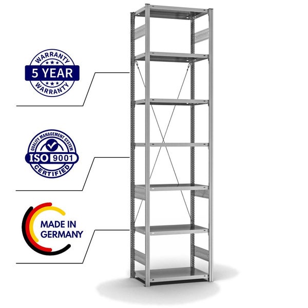 PROREGAL Fachbodenregal Stecksystem T-Profil Light-Duty Grundregal HxBxT 300 x 75 x 40 cm 7 Ebenen Fachlast 145 kg Einseitig Nutzbar Verzinkt