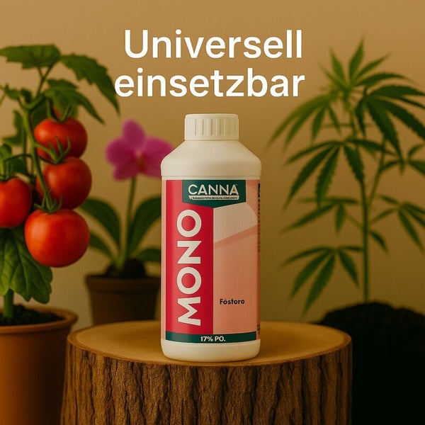 Eine Flasche Canna Mono Phosphor Pflanzendünger steht auf einem Holzstumpf neben einer Tomatenpflanze und weiteren Pflanzen.