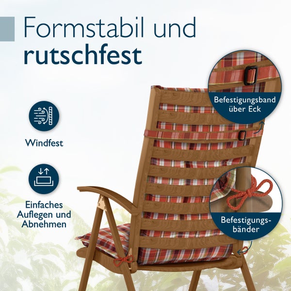 Formstabile, rutschfeste Gartenstuhlauflage mit Eckhalteband und Bindebändern. Windfest sowie einfaches Auflegen und Abnehmen.
