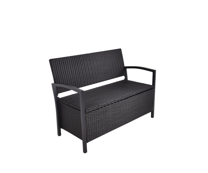 Gartenbank aus Polyrattan mit integrierter Sitztruhe und Armlehnen.