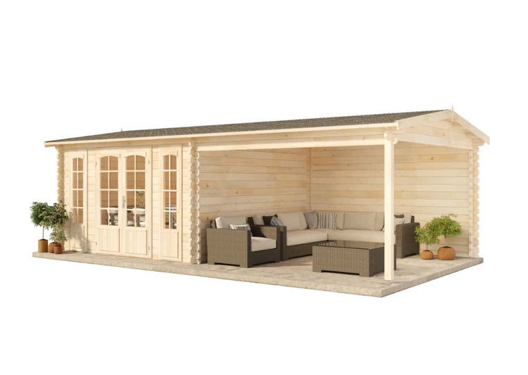 Alpholz Gartenhaus Freiburg-44 ISO Gartenhaus aus Holz, Holzhaus mit 44 mm Wandstärke inklusive Terrasse, Blockbohlenhaus mit Montagematerial, Naturbelassen 7,6x4m