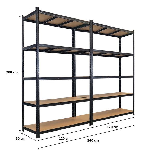 Metallregal mit fünf Ebenen und den Maßen 200 cm Höhe, 240 cm Breite und 50 cm Tiefe.