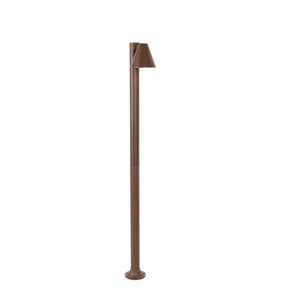 Braune Außen-Wegeleuchte mit schlankem Metallpfosten und kegelförmigem Lampenschirm für den Garten.