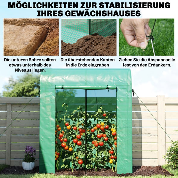 Anleitung zur Stabilisierung eines Folien-Gewächshauses durch Eingraben der Rohre und Kanten sowie Spannen der Abspannseile an Erdankern.