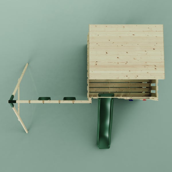 Spielturm aus Holz mit grüner Rutsche und Schaukel, Draufsicht.
