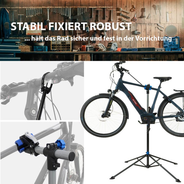 Fahrrad Montageständer zur stabilen Befestigung von Fahrrädern und E Bikes mit höhenverstellbarem Stativ und flexibler Rahmenklemme.