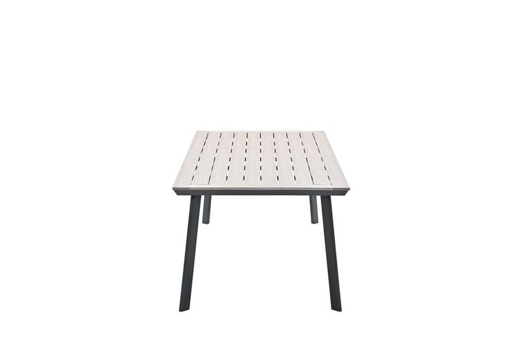 Rechteckiger Gartentisch mit Tischplatte aus Lamellen in Holzoptik und Metallbeinen.
