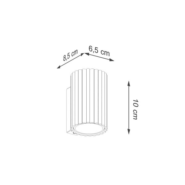 Technische Zeichnung einer Wandleuchte mit den Maßen 10 cm Höhe, 8,5 cm Breite und 6,5 cm Tiefe.