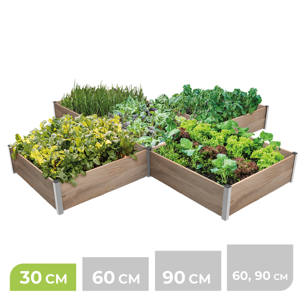Modulares Hochbeet-System aus Holz in den Höhen 30 Zentimeter, 60 Zentimeter und 90 Zentimeter, bepflanzt mit Gemüse und Kräutern.