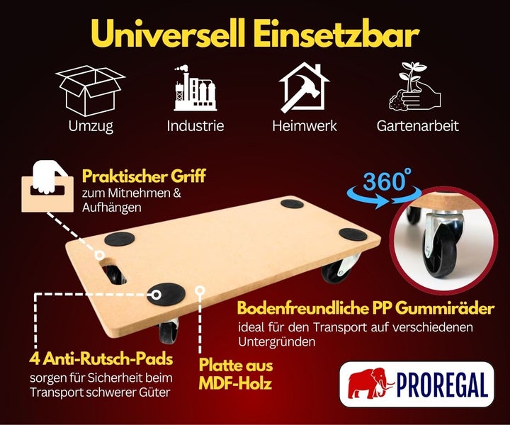 Universelles Rollbrett aus Holz mit Antirutschpads, Tragegriff und 360 Grad drehbaren Rollen aus Polypropylen. Proregal Logo.