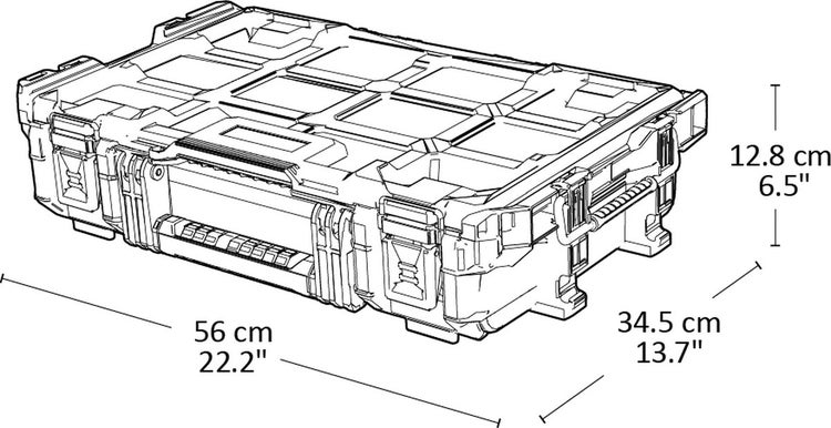 Technische Zeichnung eines Werkzeugkoffers mit den Maßen 56 Zentimeter Länge, 34,5 Zentimeter Breite und 12,8 Zentimeter Höhe.