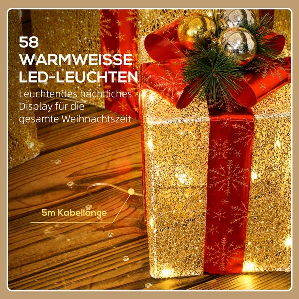 LED-Weihnachtsdekoration als glitzerndes Geschenk mit 58 warmweißen LEDs, roter Schleife und 5 Meter Kabel.