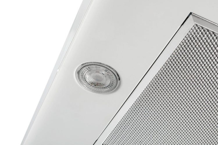 Detailansicht einer Dunstabzugshaube mit integrierter LED Beleuchtung und Metallfettfilter.