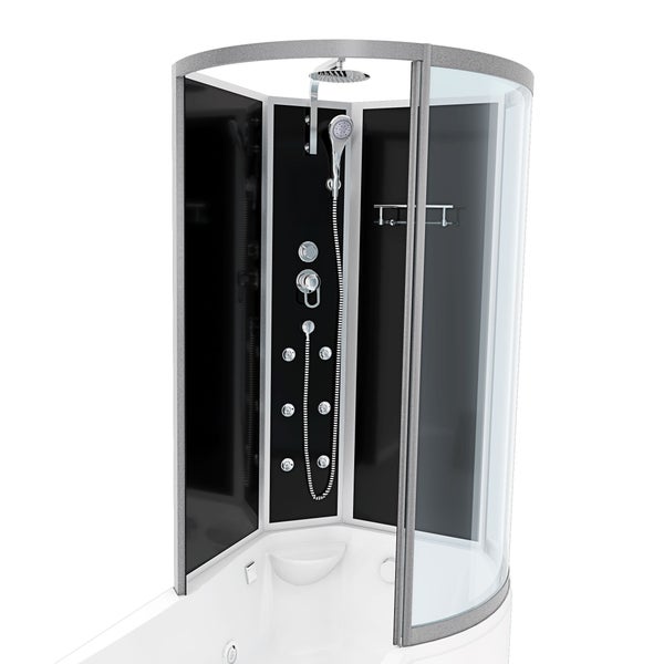 Komplette Duschkabine mit Badewanne, schwarzen Rückwänden, gebogener Glasfront, Regendusche, Handbrause und Massagedüsen.