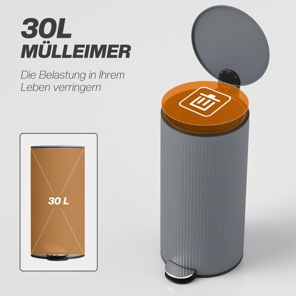30 Liter Mülleimer mit Tretmechanismus und geriffelter Oberfläche.